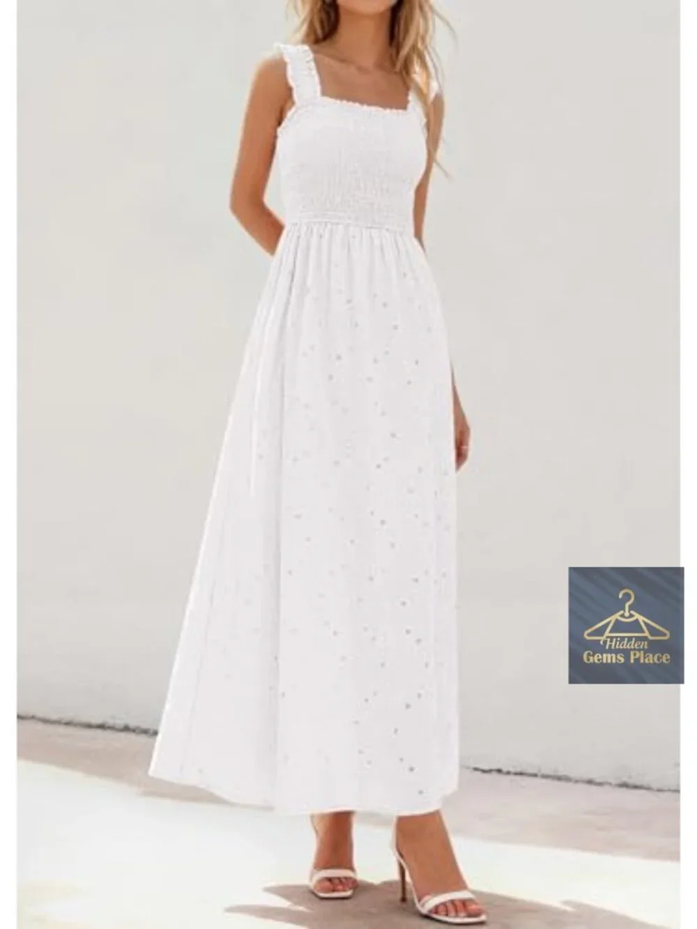 Women's Eyelet Lace Maxi Sundress - Smocked Boho Cotton Dress
